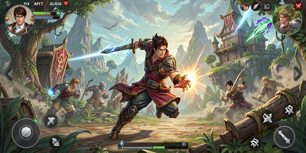 Tangkapan layar gameplay API77 yang menampilkan pertempuran epik dan strategi bertarung.