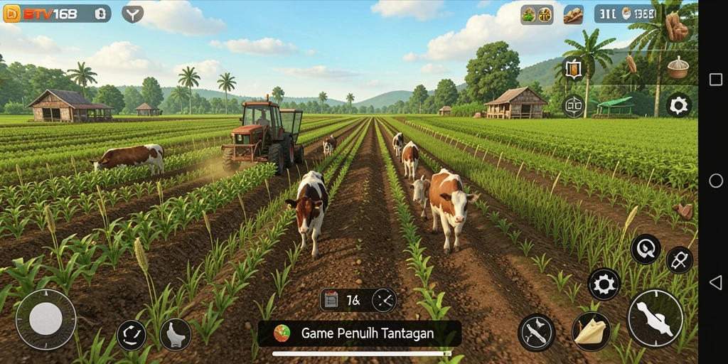 Screenshot gameplay BTV168 yang menunjukkan ladang subur dan panen biji-bijian.