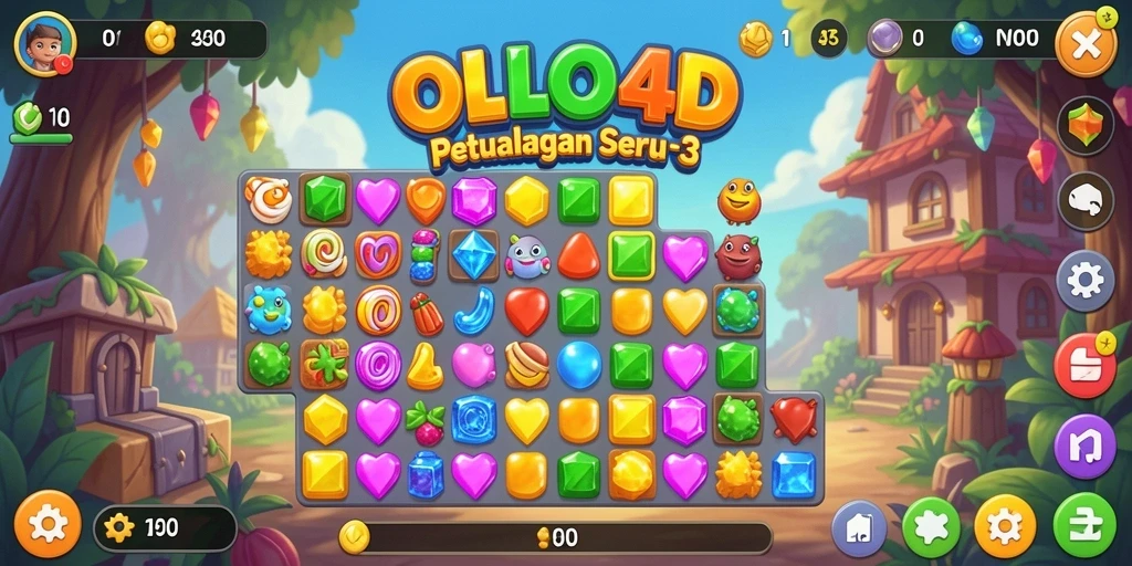 Screenshot gameplay OLLO4D yang menampilkan level Match-3 yang penuh warna.