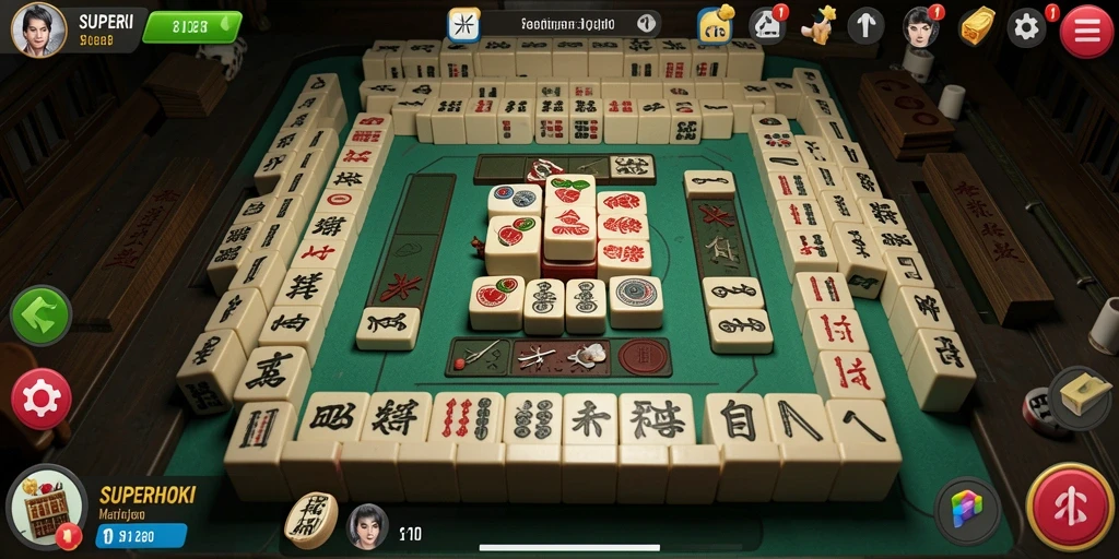 Gameplay SUPERHOKI dengan ubin Mahjong yang menarik.